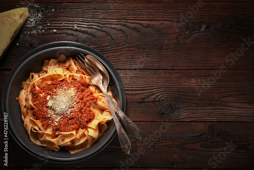 Pasta pappardelle with BOLOGNESE SAUCE with copy space photo