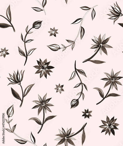 Monochrome fashionable watercolor pattern with silhouettes of wildflowers on a light pink background.