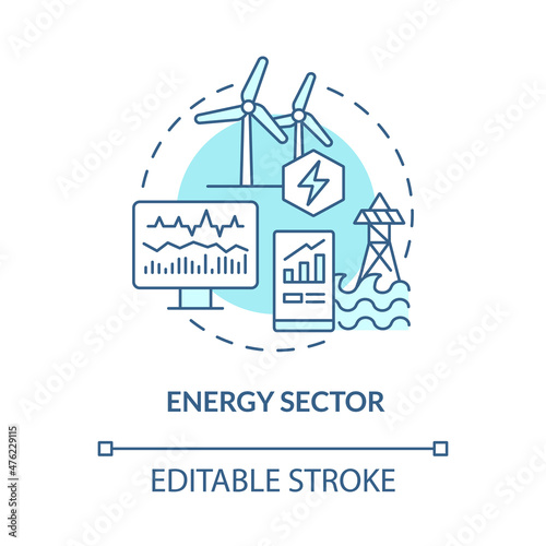 Energy sector turquoise concept icon. Digital twin use case abstract idea thin line illustration. Smart management. Isolated outline drawing. Editable stroke. Roboto-Medium, Myriad Pro-Bold fonts used