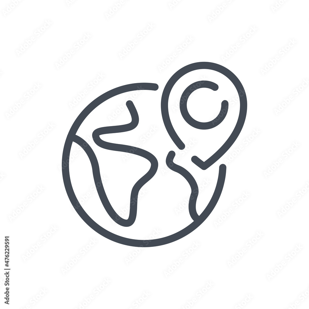 Location and destination line icon. Earth globe with location pin vector outline sign. Location and destination line icon. Earth globe with location pin vector outline sign.