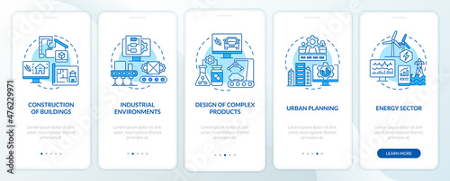 Digital twin use cases blue onboarding mobile app screen. Urban planning walkthrough 5 steps graphic instructions pages with linear concepts. UI, UX, GUI template. Myriad Pro-Bold, Regular fonts used