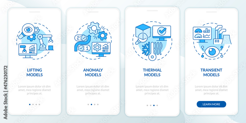 Digital twin models blue onboarding mobile app screen. Modeling walkthrough 4 steps graphic instructions pages with linear concepts. UI, UX, GUI template. Myriad Pro-Bold, Regular fonts used