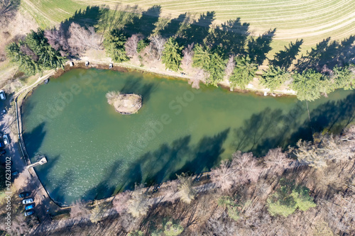 Bird s eye view of a fishing pond in the Taunus   Germany in spring 