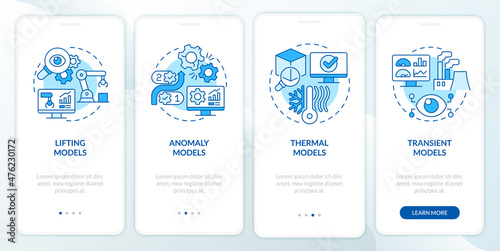 Digital twin models blue onboarding mobile app screen. Modeling walkthrough 4 steps graphic instructions pages with linear concepts. UI, UX, GUI template. Myriad Pro-Bold, Regular fonts used
