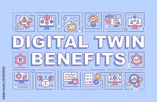 Digital twin benefits word concepts purple banner. Smart industry. Infographics with linear icons on background. Isolated typography. Vector outline color illustration with text. Arial-Black font used