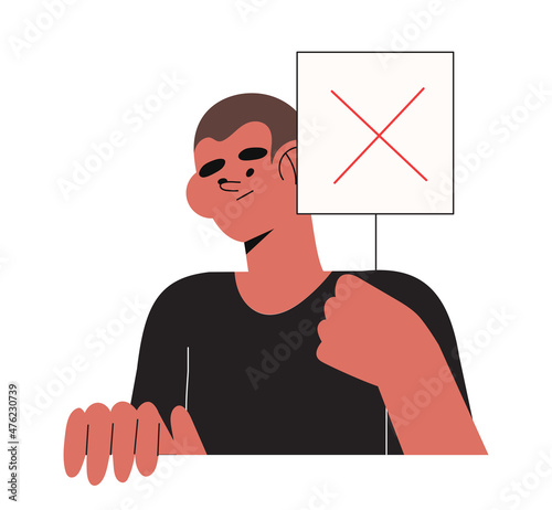 Cartoon vector illustration of Yes No banner. Human character hold placard in hand on white background. Test question. Choice hesitate, dispute, opposition, choice, dilemma, opponent view.
