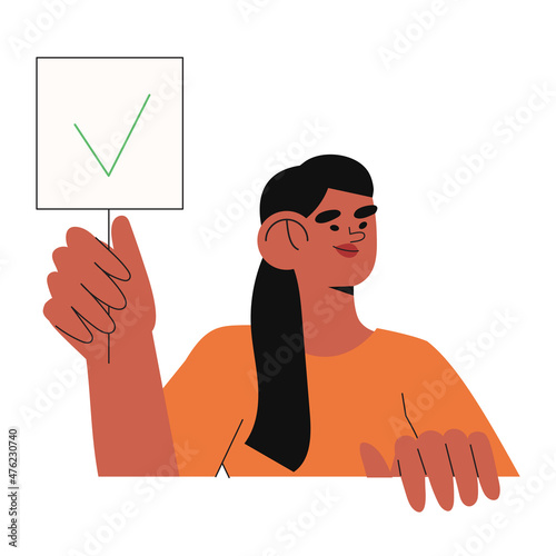 Cartoon vector illustration of Yes No banner. Human character hold placard in hand on white background. Test question. Choice hesitate, dispute, opposition, choice, dilemma, opponent view.