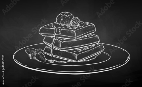 Vector chalk illustration of Waffles on plate