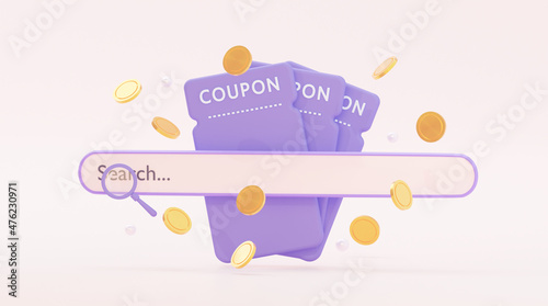 3D coupon with search bar and flying coins. Use for marketing, sales, online store. 3D rendering