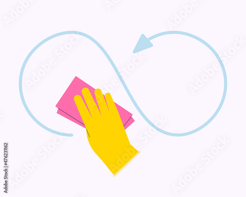 Cleaning wipe in the hand. Flat infographic manual for cleaning surface with glove and microfiber cloth. Right direction for disinfect table.