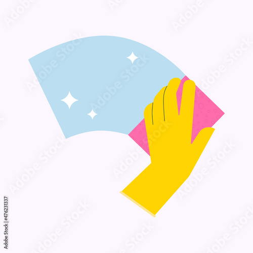 Hand in glove cleaning with sponge. Flat illustration of disinfecting cleanup with detergent. Clean home and housekeeping concept.