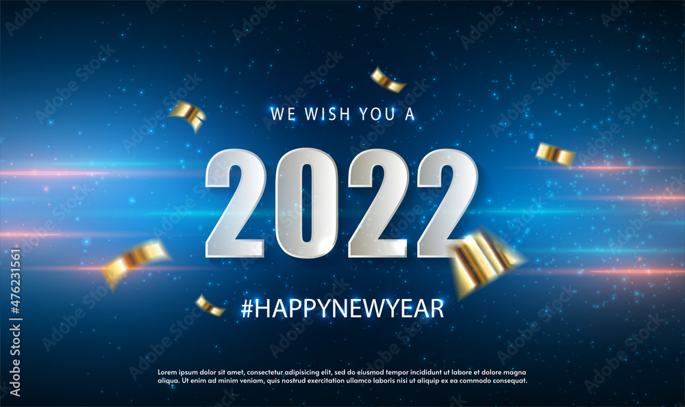 2022 Happy New Year vector holiday in space background. White Numeral 2022 with glitter gold confetti. Space technology background for calendar, , cover and catalog design. Vector EPS10