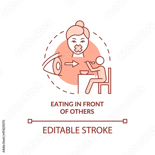 Eating in front of others terracotta concept icon. Anxiety trigger abstract idea thin line illustration. Isolated outline drawing. Editable stroke. Roboto-Medium, Myriad Pro-Bold fonts used