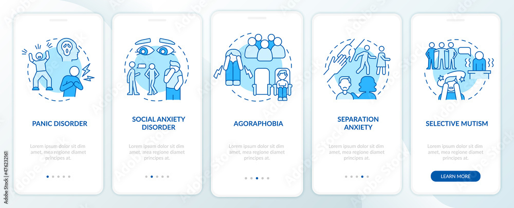 Types of anxiety disorders blue onboarding mobile app screen. Illness walkthrough 5 steps graphic instructions pages with linear concepts. UI, UX, GUI template. Myriad Pro-Bold, Regular fonts used