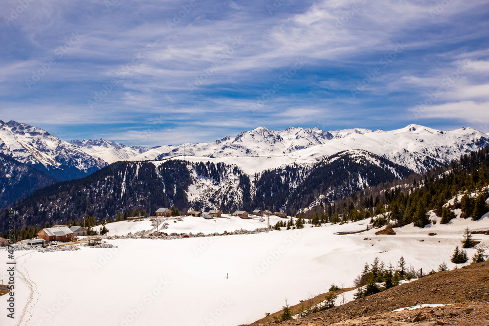 winter landscape  mountains. Winter forest covered with snow. New Year`s landscape. Dramatic wintry scene. 