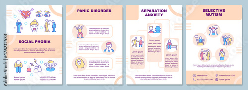 Anxiety types beige brochure template. Mental disorder. Booklet print design with linear icons. Vector layouts for presentation, annual reports, ads. Arial-Black, Myriad Pro-Regular fonts used