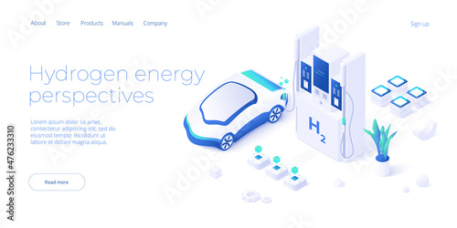 Green economy and renewable energy concept in isometric vector illustration. Hydrogen car and h2 fuel vehicle. Sustainable power plants for clean earth environment .