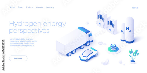 Green economy and renewable energy concept in isometric vector illustration. Hydrogen electric car and h2 fuel vehicle. Sustainable power plants for clean earth environment