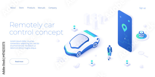 Remotely car control app illustration in isometric vector design. Woman using smartphone application for remote-control auto vehicle