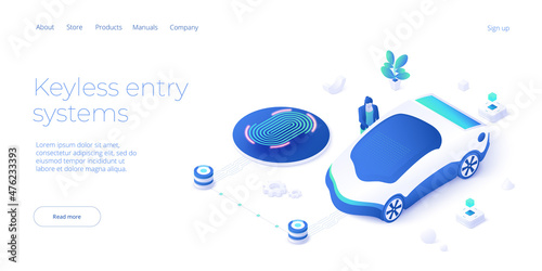 Remotely car control app illustration in isometric vector design. Keyless entry system for remote-control auto vehicle