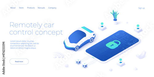 Remotely car control app illustration in isometric vector design. Using smartphone application for remote-control auto vehicle