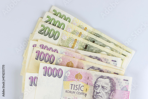 Czech koruna currency banknotes on white background photo