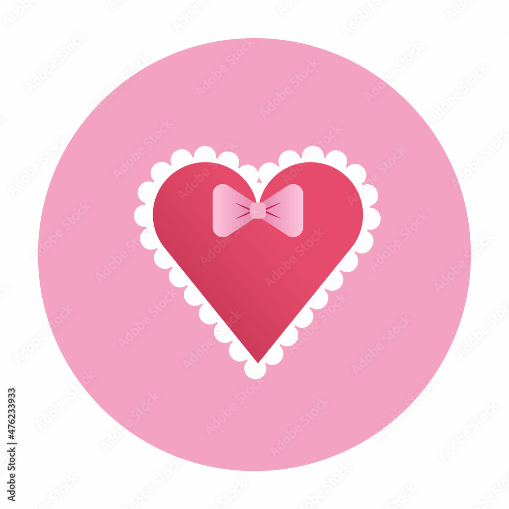 Cute heart shape Valentine greeting card flat icon. Red heart with white edging festive greeting card isolated on pink circle background. Lovely romantic design element. Bright flat style vector icon.
