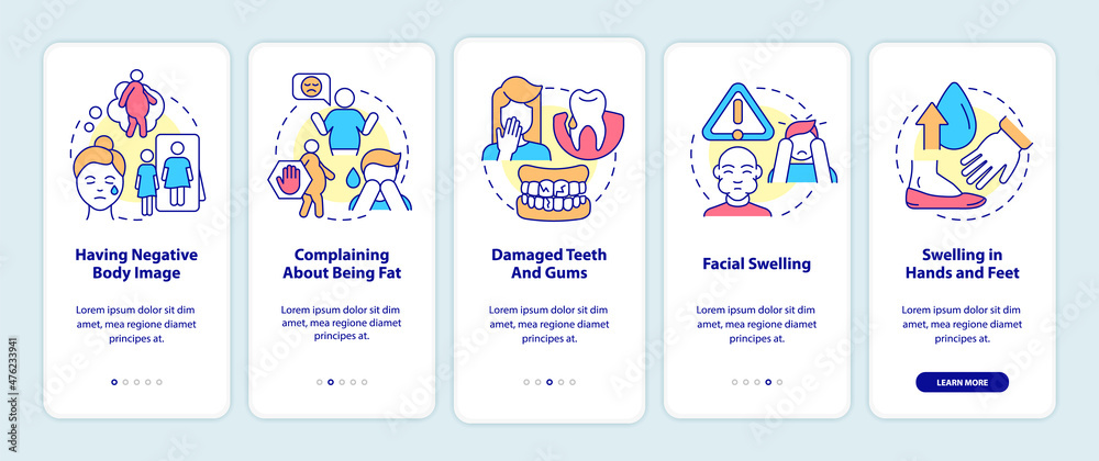 Signs of bulimia onboarding mobile app screen. Having negative body image walkthrough 5 steps graphic instructions pages with linear concepts. UI, UX, GUI template. Myriad Pro-Bold, Regular fonts used Signs of bulimia onboarding mobile app screen. Having negative body image walkthrough 5 steps graphic instructions pages with linear concepts. UI, UX, GUI template. Myriad Pro-Bold, Regular fonts used