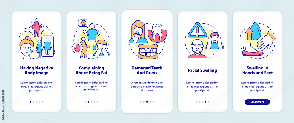 Signs of bulimia onboarding mobile app screen. Having negative body image walkthrough 5 steps graphic instructions pages with linear concepts. UI, UX, GUI template. Myriad Pro-Bold, Regular fonts used