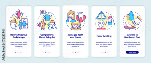 Signs of bulimia onboarding mobile app screen. Having negative body image walkthrough 5 steps graphic instructions pages with linear concepts. UI, UX, GUI template. Myriad Pro-Bold, Regular fonts used