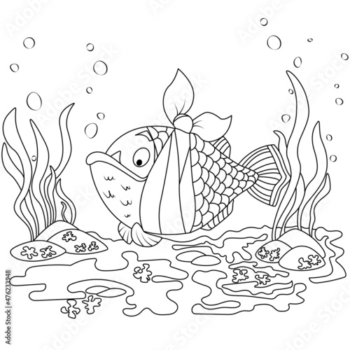 Coloring book for children. Sad toothy fish with a bandage on its cheek. The task for children can be used in a book, magazine.