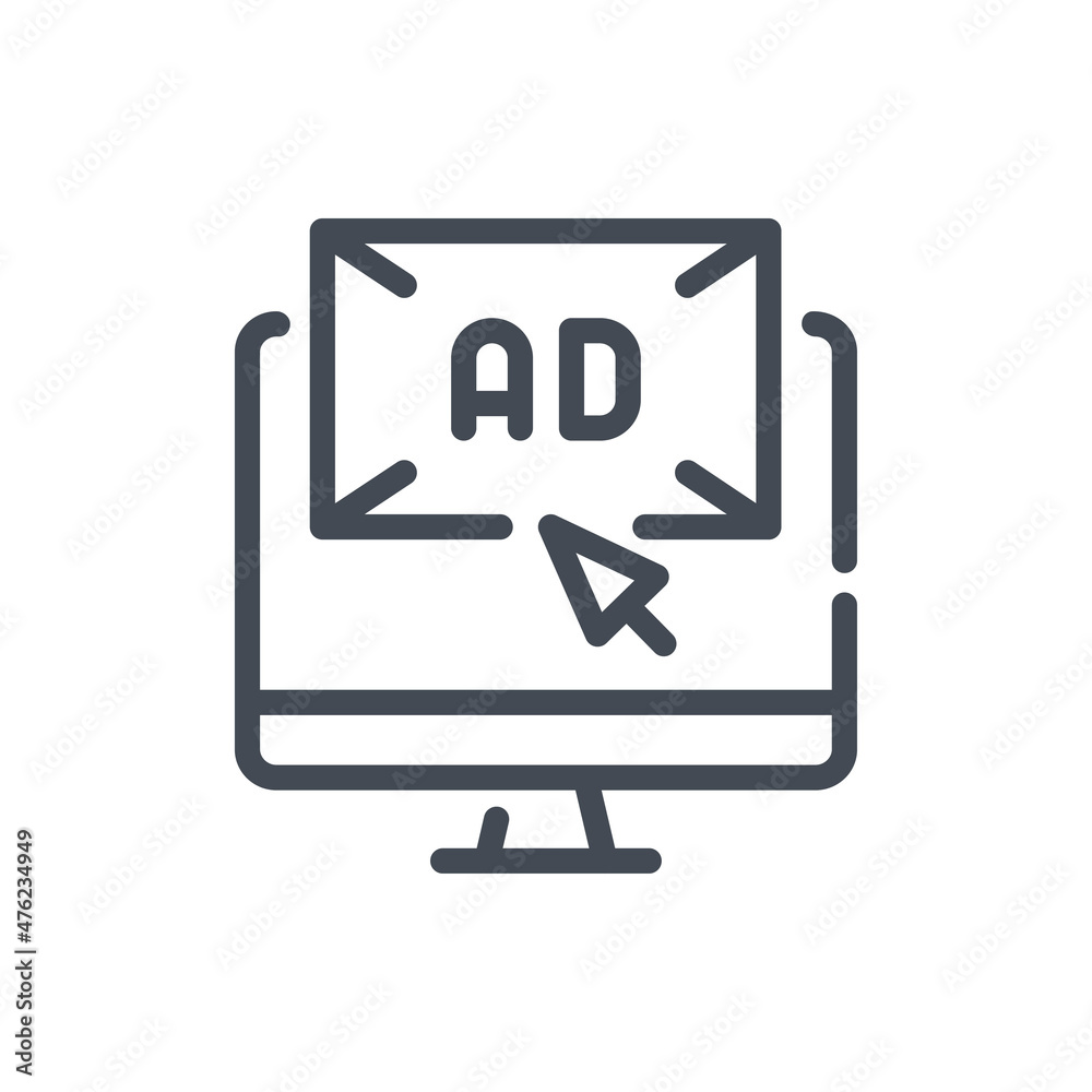 Online AD line icon. Computer with click arrow and advertisement page vector outline sign. Online AD line icon. Computer with click arrow and advertisement page vector outline sign.