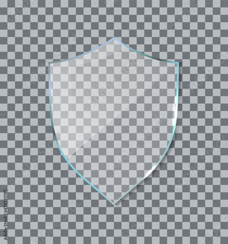 Glass shield. Acrylic plexiglass shield of defense. Icon for guard, security and award isolated on transparent background. Glossy, clear and shiny glass badge. Protection and safe emblem. Vector.