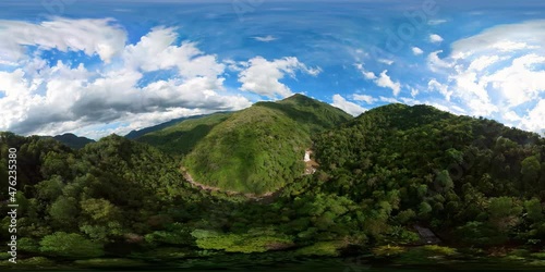 Aerial drone of Mountains with rainforest, jungle and Dunhinda Falls. Sri Lanka. Virtual Reality 360. photo