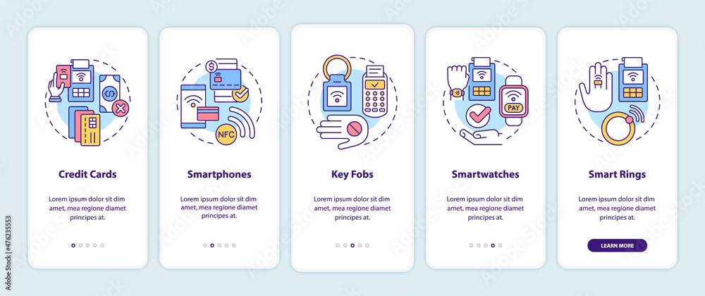 Payment methods onboarding mobile app screen. Cashless service walkthrough 5 steps graphic instructions pages with linear concepts. UI, UX, GUI template. Myriad Pro-Bold, Regular fonts used