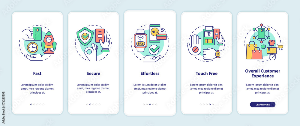 Benefits of contactless payments onboarding mobile app screen. Service walkthrough 5 steps graphic instructions pages with linear concepts. UI, UX, GUI template. Myriad Pro-Bold, Regular fonts used