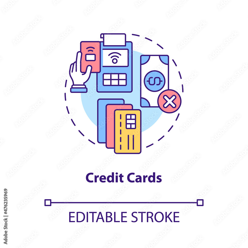 Credit cards concept icon. E wallets and payment online. Touchless system abstract idea thin line illustration. Isolated outline drawing. Editable stroke. Roboto-Medium, Myriad Pro-Bold fonts used Credit cards concept icon. E wallets and payment online. Touchless system abstract idea thin line illustration. Isolated outline drawing. Editable stroke. Roboto-Medium, Myriad Pro-Bold fonts used