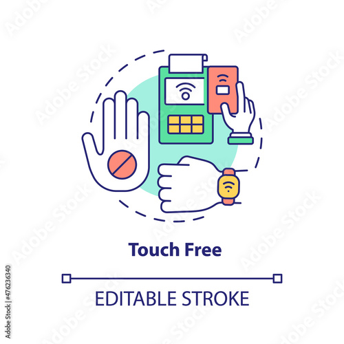 Touch free concept icon. Contactless payment. Touchless system abstract idea thin line illustration. Isolated outline drawing. Editable stroke. Roboto-Medium, Myriad Pro-Bold fonts used