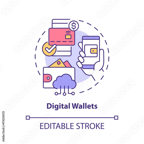 Digital wallets concept icon. Online account. Touchless system abstract idea thin line illustration. Isolated outline drawing. Editable stroke. Roboto-Medium, Myriad Pro-Bold fonts used