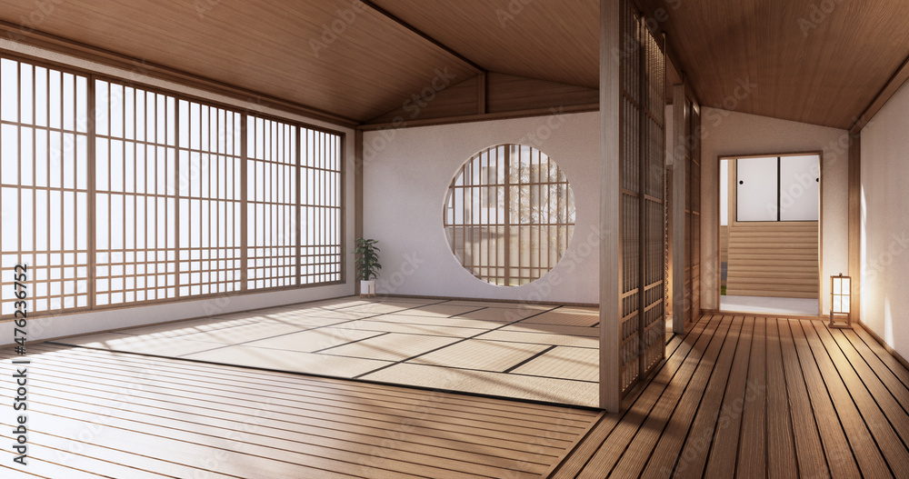 Interior, Empty room and tatami mat floor room japanese style. 3D rendering Interior, Empty room and tatami mat floor room japanese style. 3D rendering