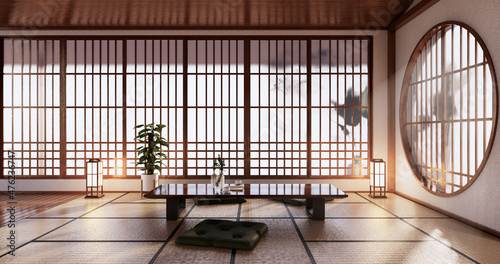 Photography Sofa japanese on room tropical interior with tatami mat floor and white wall