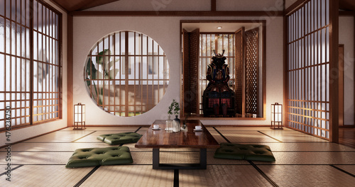 Photography Sofa japanese on room tropical interior with tatami mat floor and white wall
