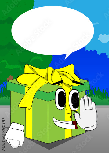 Gift Box with showing deny or refuse hand gesture as a cartoon character. Holiday, Celebration surprise with happy face emotion.