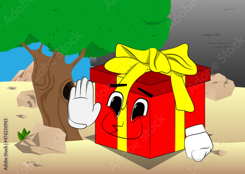 Gift Box with showing deny or refuse hand gesture as a cartoon character. Holiday, Celebration surprise with happy face emotion.