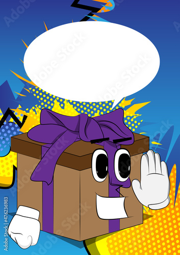 Gift Box with showing deny or refuse hand gesture as a cartoon character. Holiday, Celebration surprise with happy face emotion.