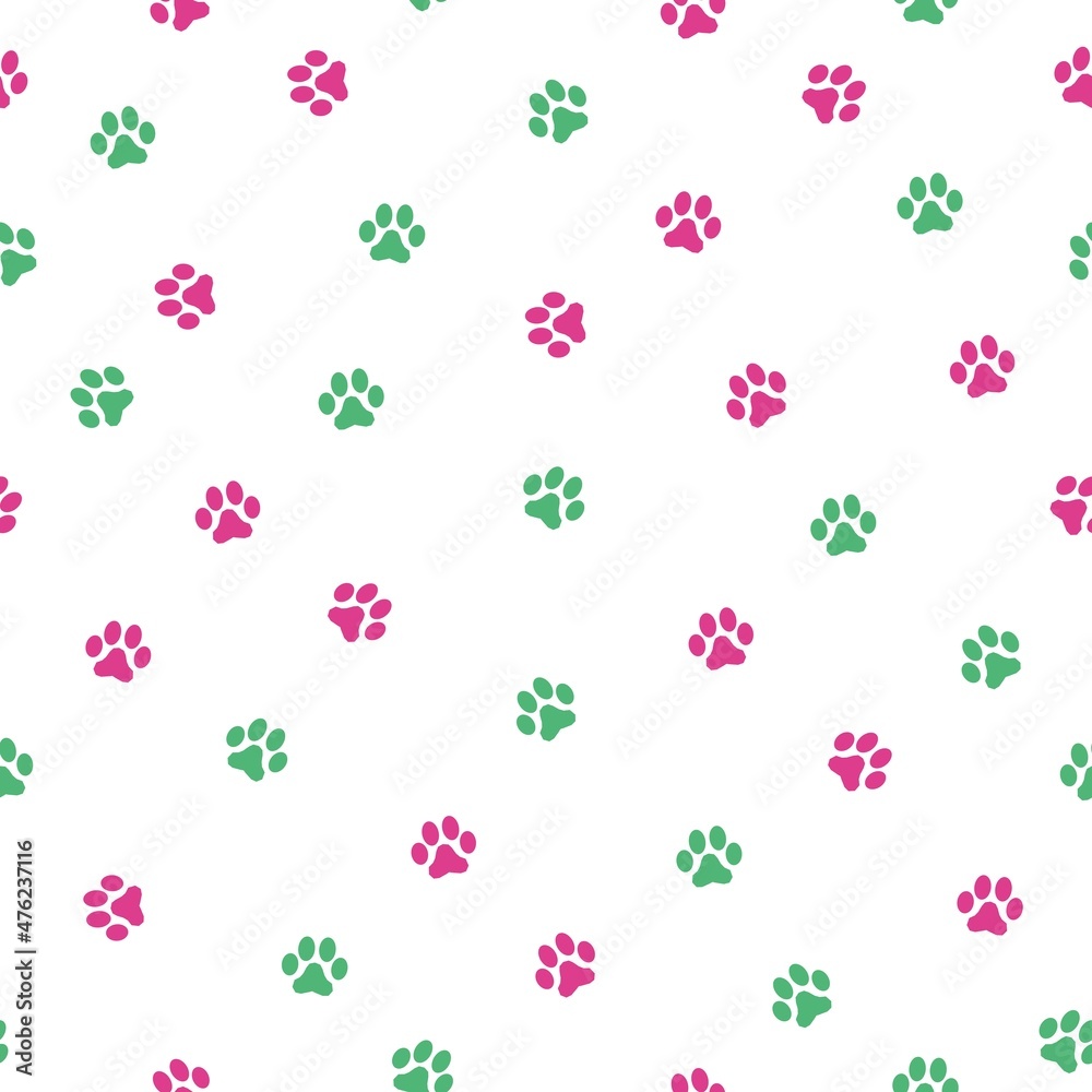 animal footprints pattern. white background. pink and green footprints . vector texture. fashionable print for textiles and wallpaper.