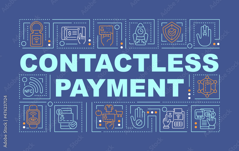 Naklejka premium Contactless payment word concepts blue banner. Infographics with linear icons on background. Isolated typography. Vector outline color illustration with text. Arial-Black font used