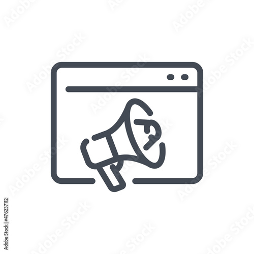 Website announcement line icon. Web page with bullhorn vector outline sign.