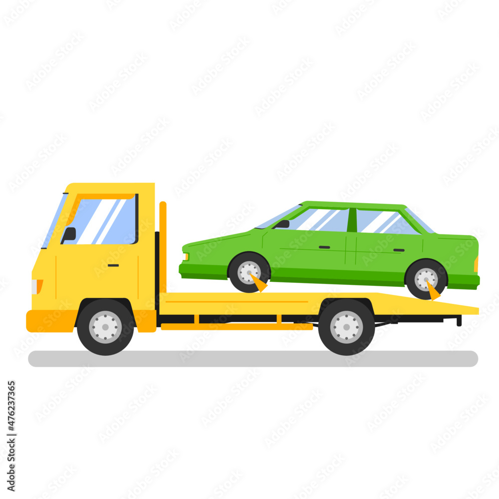 yellow tow truck with car. Towing truck delivers the broken car. Side view. isolated 