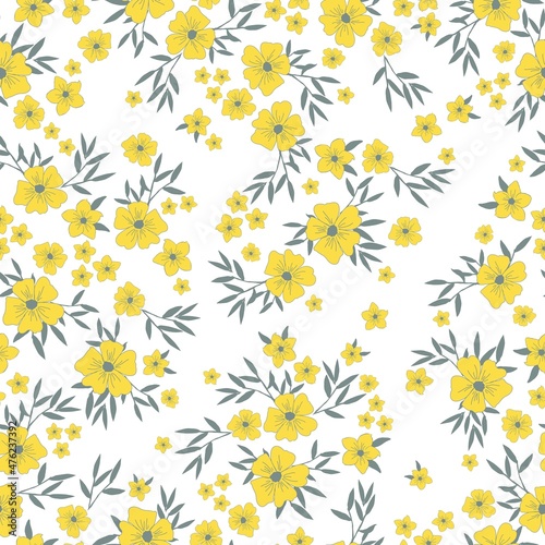 Beautiful vintage floral flower pattern. yellow flowers and gray leaves. White background. Liberty style print. Floral seamless background. An elegant template for fashionable prints.